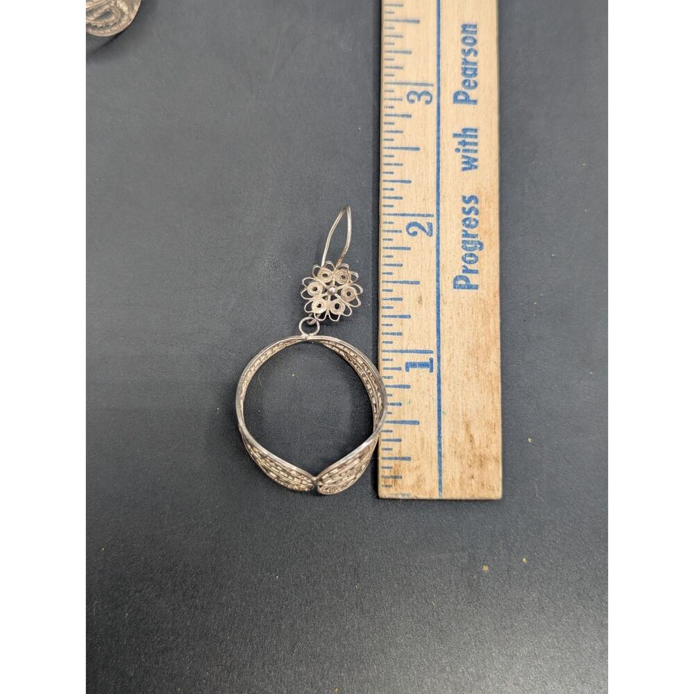 Vintage 925 Silver Large Filigree Flower & Bell Drop Earrings 7.59 Grams - Picture 6 of 7